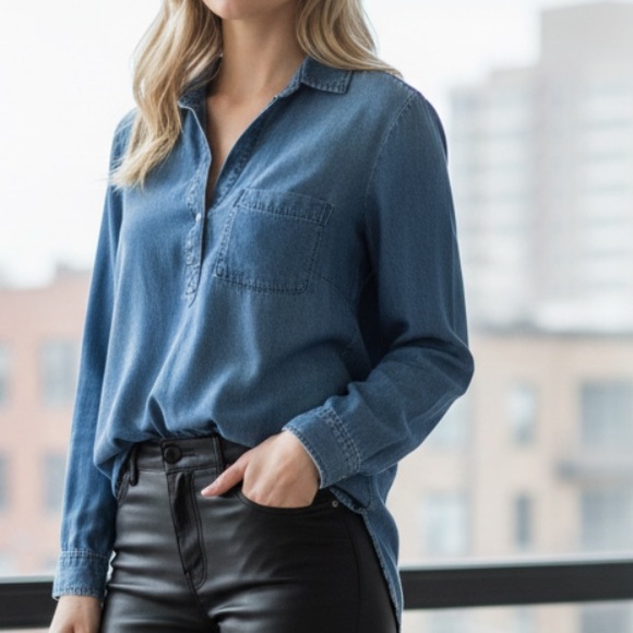 Cloth & Stone Tops - Cloth & Stone Blue Chambray Long Sleeve V-Neck Henley Pullover Shirt Top XS